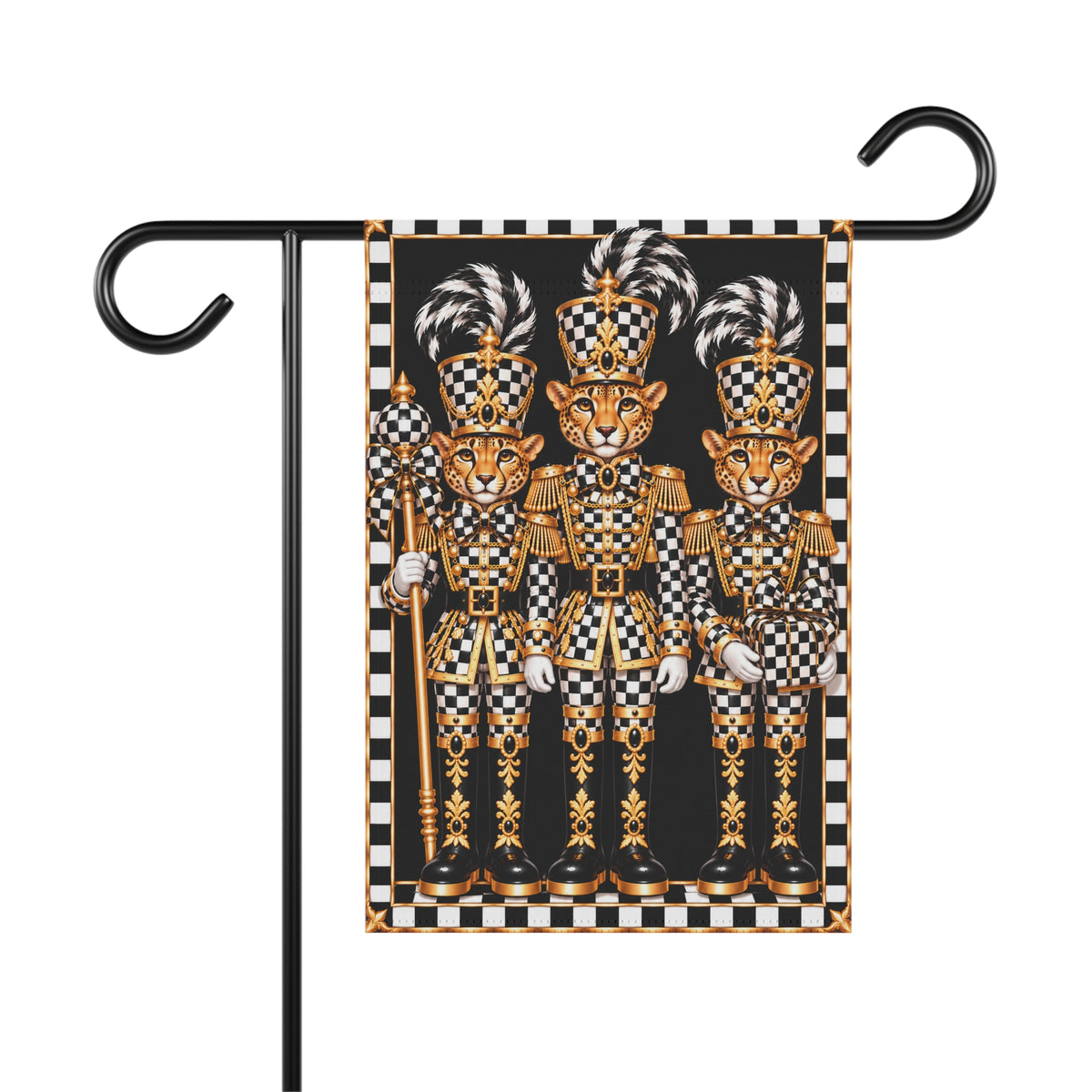 Garden Flag - black and white check cheetah nutcrackers