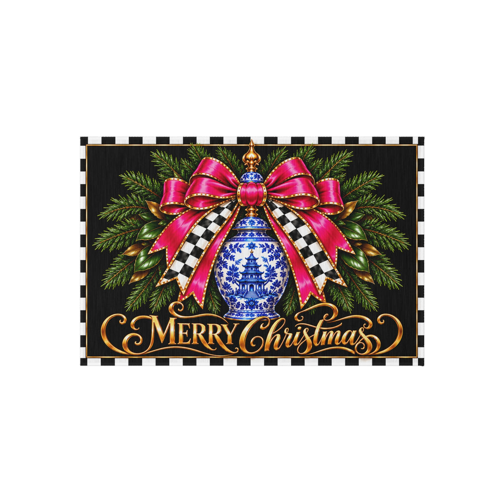 Outdoor Rug - black and white check pink bow blue chinoiserie merry Christmas
