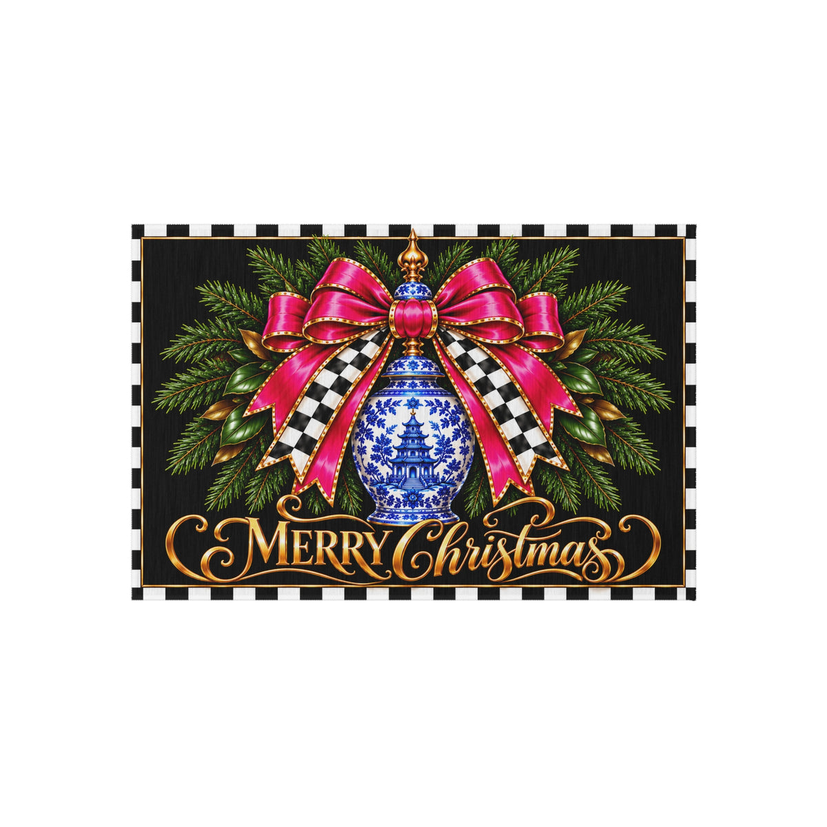Outdoor Rug - black and white check pink bow blue chinoiserie merry Christmas