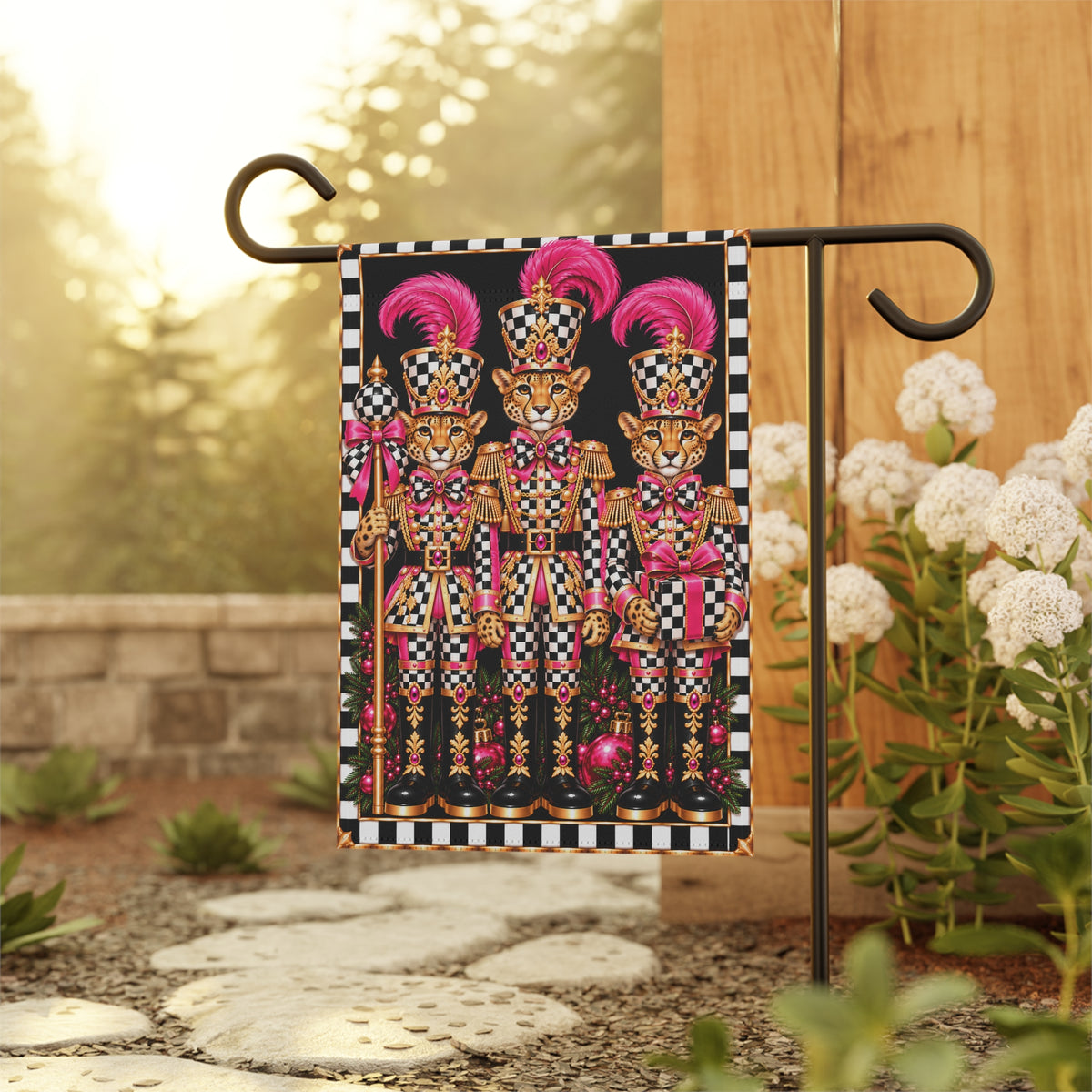 Garden Flag - pink black and white check cheetah nutcrackers