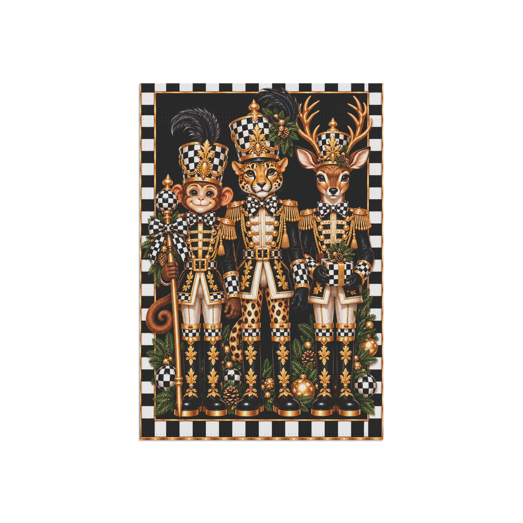 Garden Flag - black and white check monkey cheetah deer nutcrackers