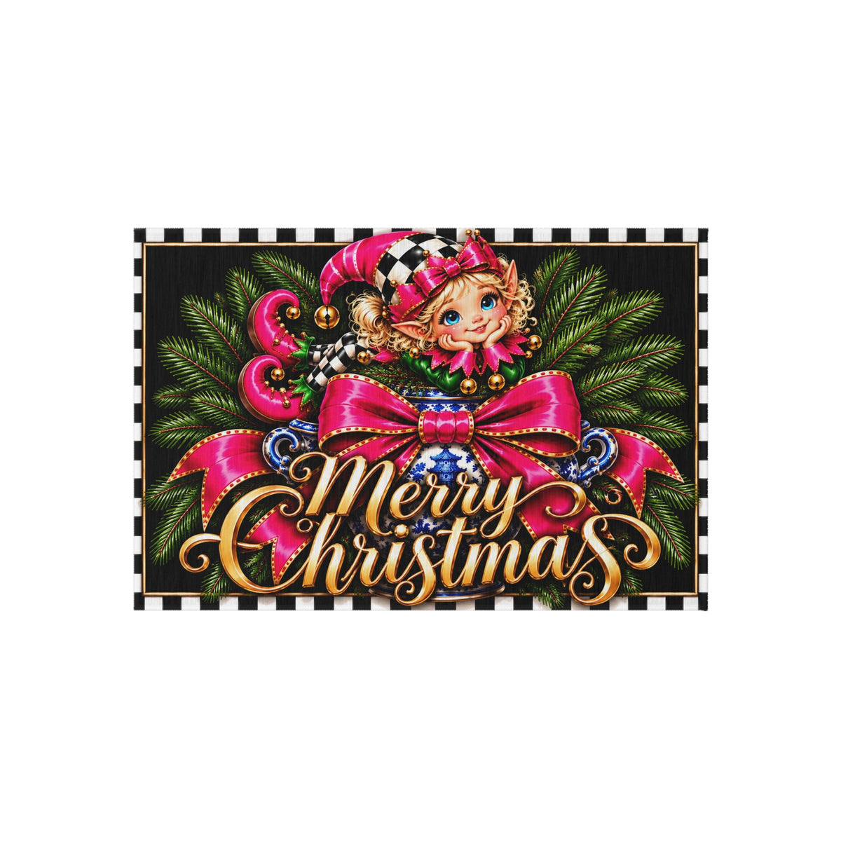 Outdoor Rug - elf blue chinoiserie merry Christmas