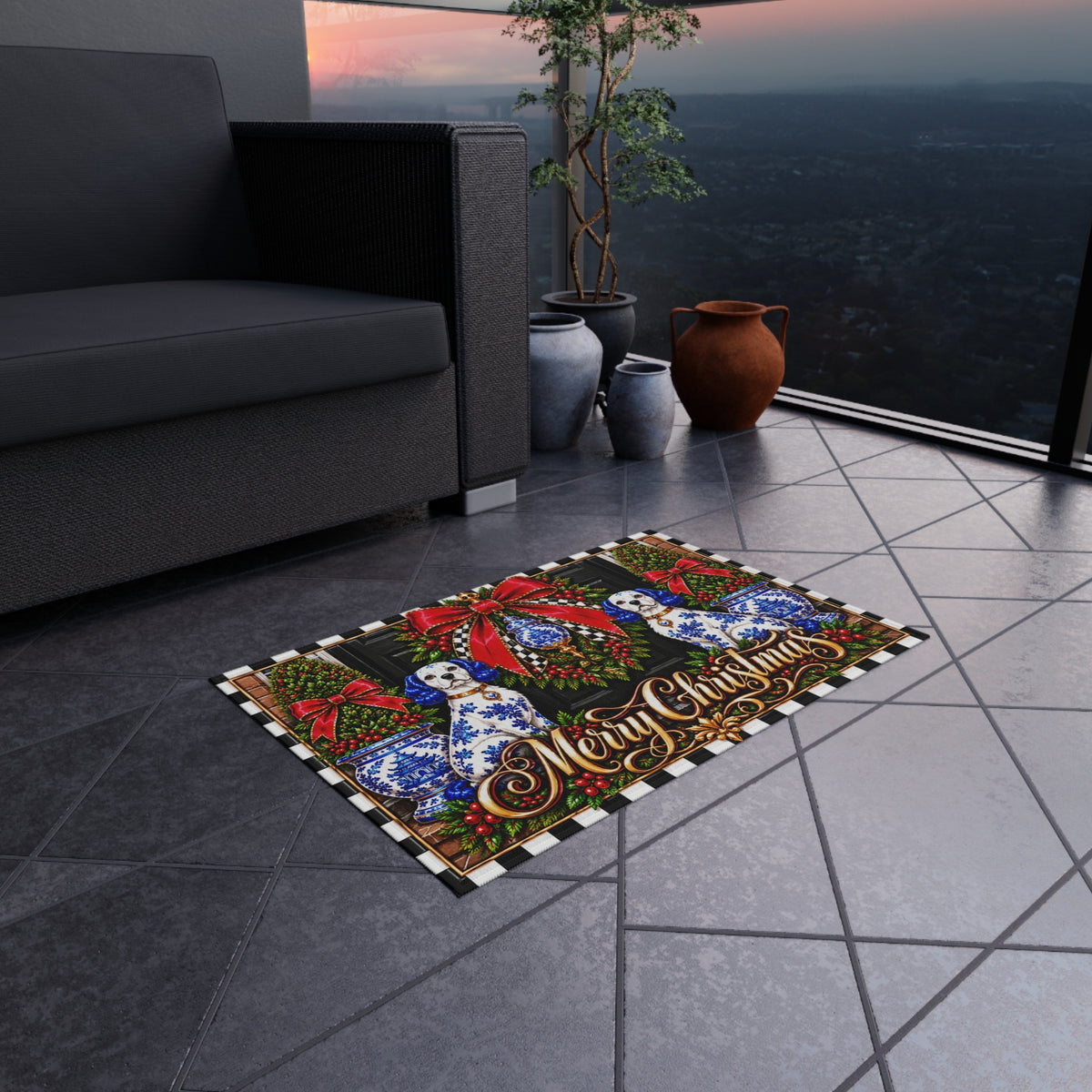 Outdoor Rug - blue chinoiserie staffordshire dog merry Christmas