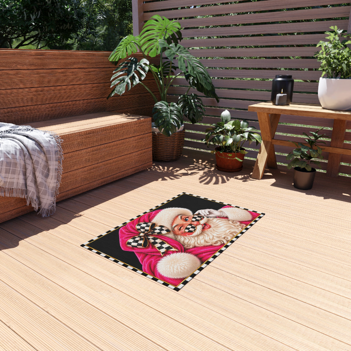 Outdoor Rug - black and white check pink Santa