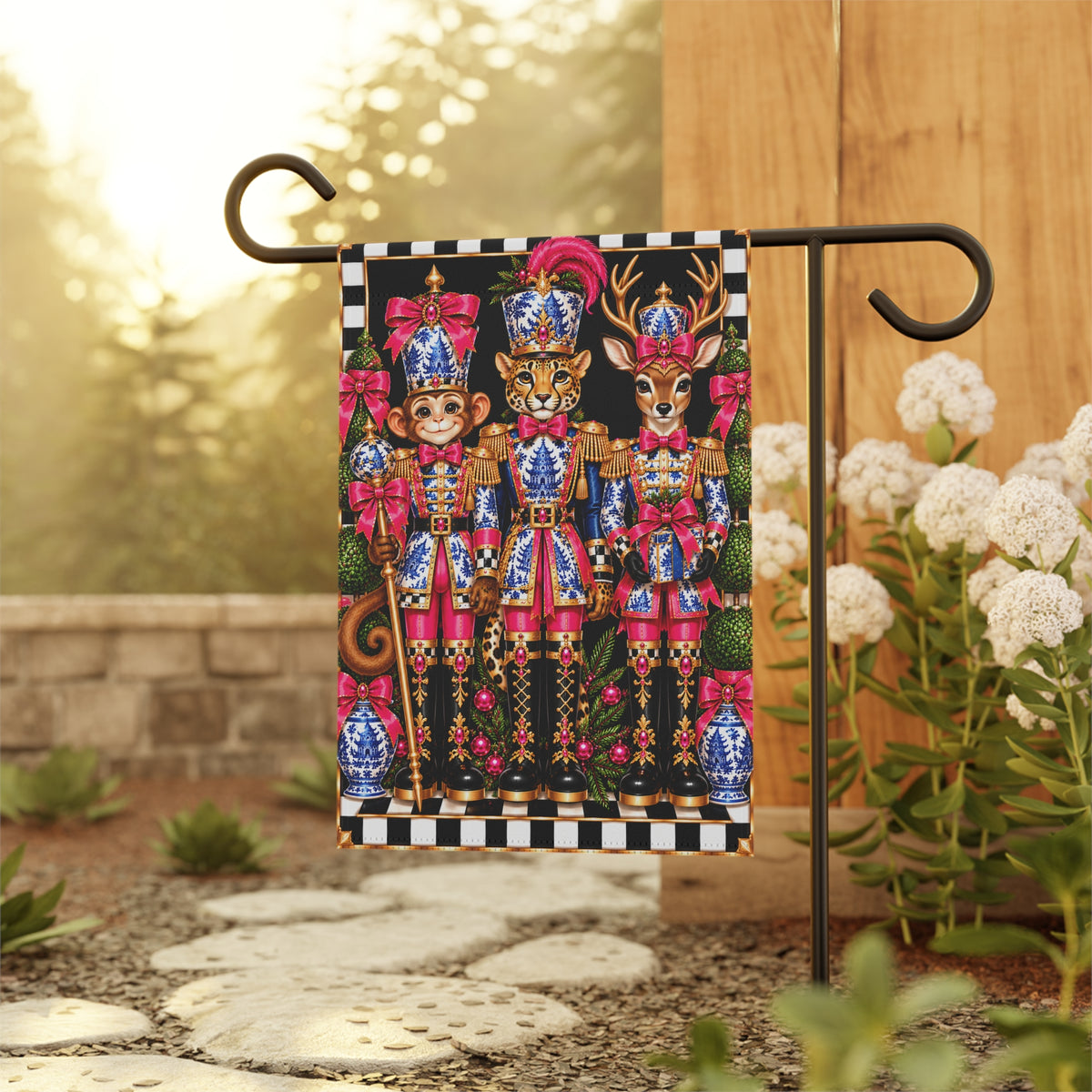 Garden Flag - pink chinoiserie monkey cheetah deer nutcrackers