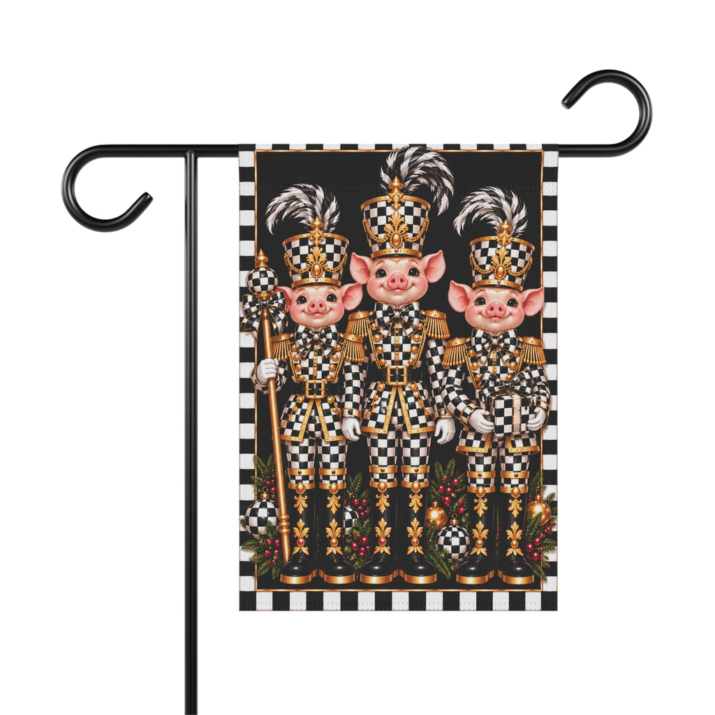 Garden Flag - black and white check pig nutcrackers