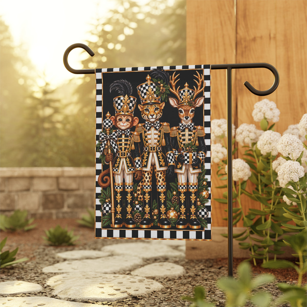 Garden Flag - black and white check monkey cheetah deer nutcrackers
