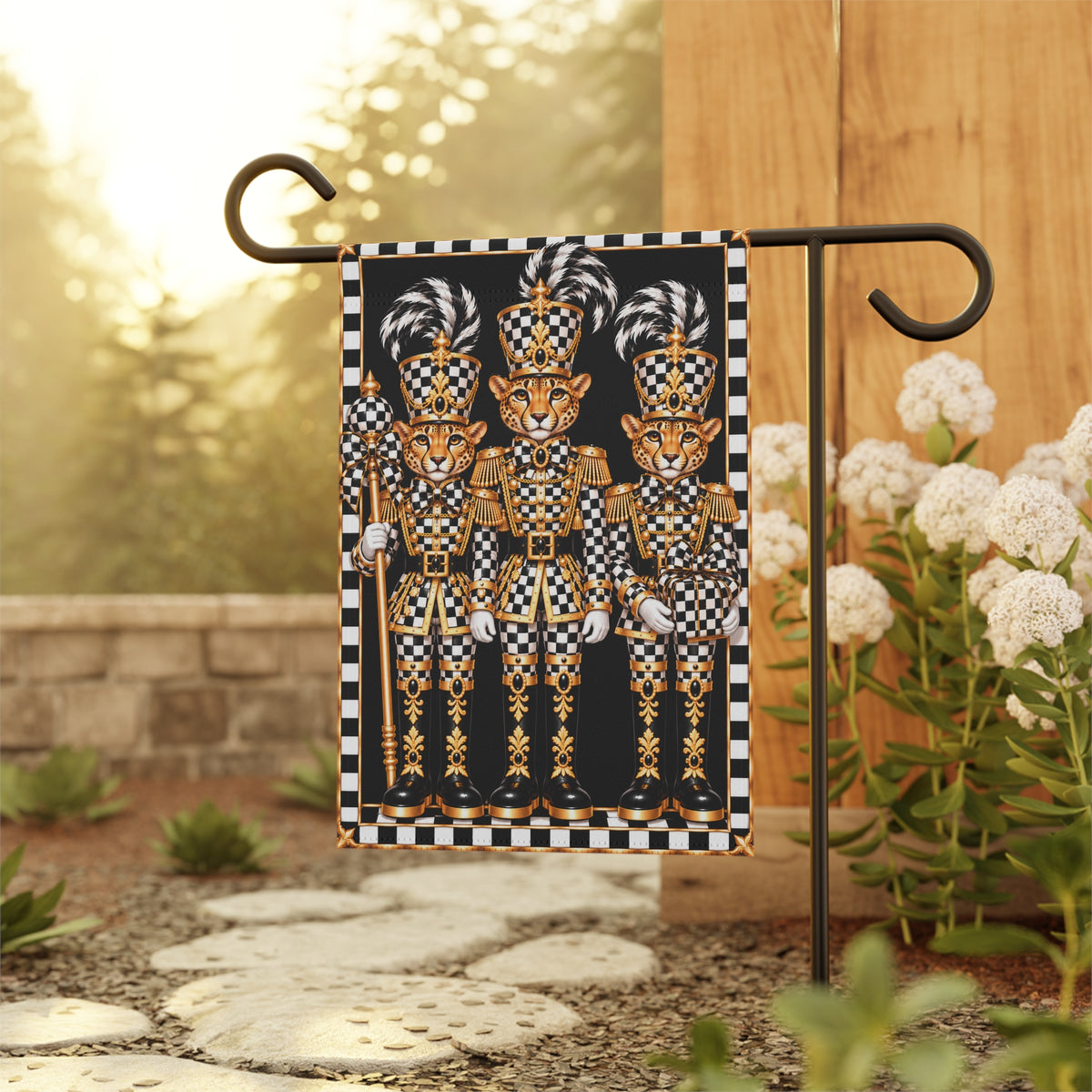 Garden Flag - black and white check cheetah nutcrackers