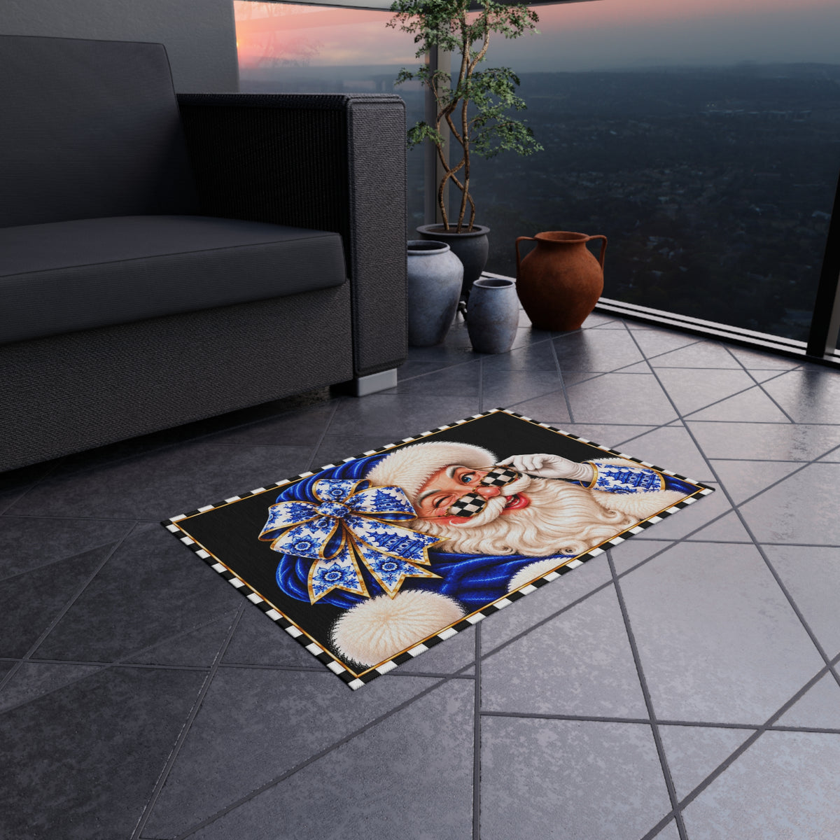Outdoor Rug - blue chinoiserie Santa