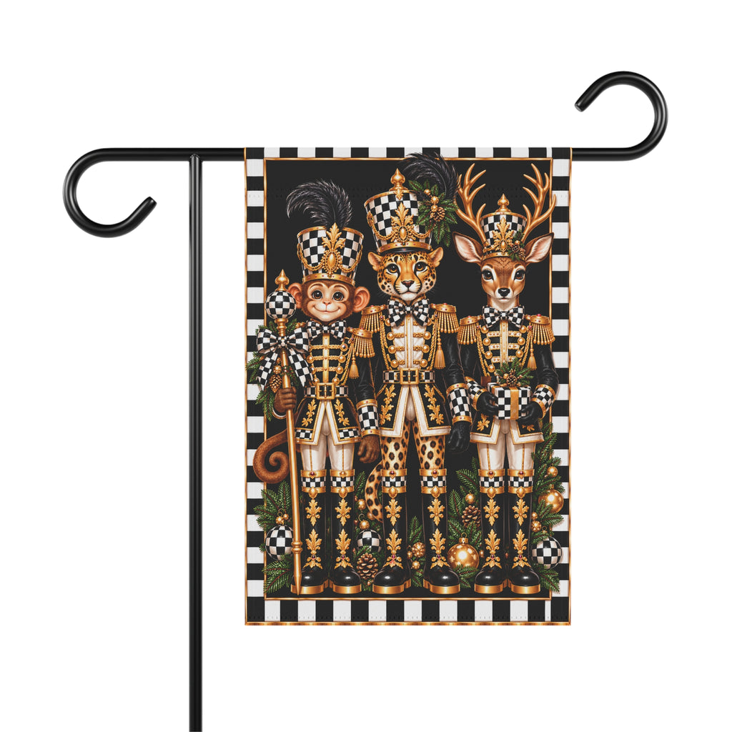 Garden Flag - black and white check monkey cheetah deer nutcrackers