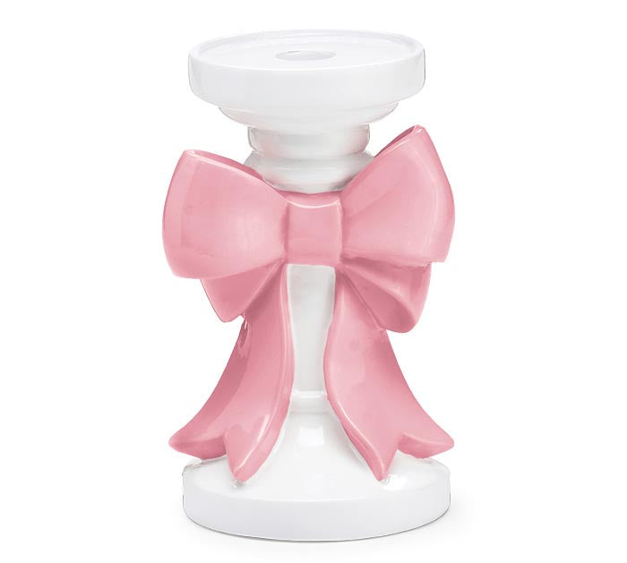 7" PINK BOW ON WHITE RESIN CANDLEHOLDER
