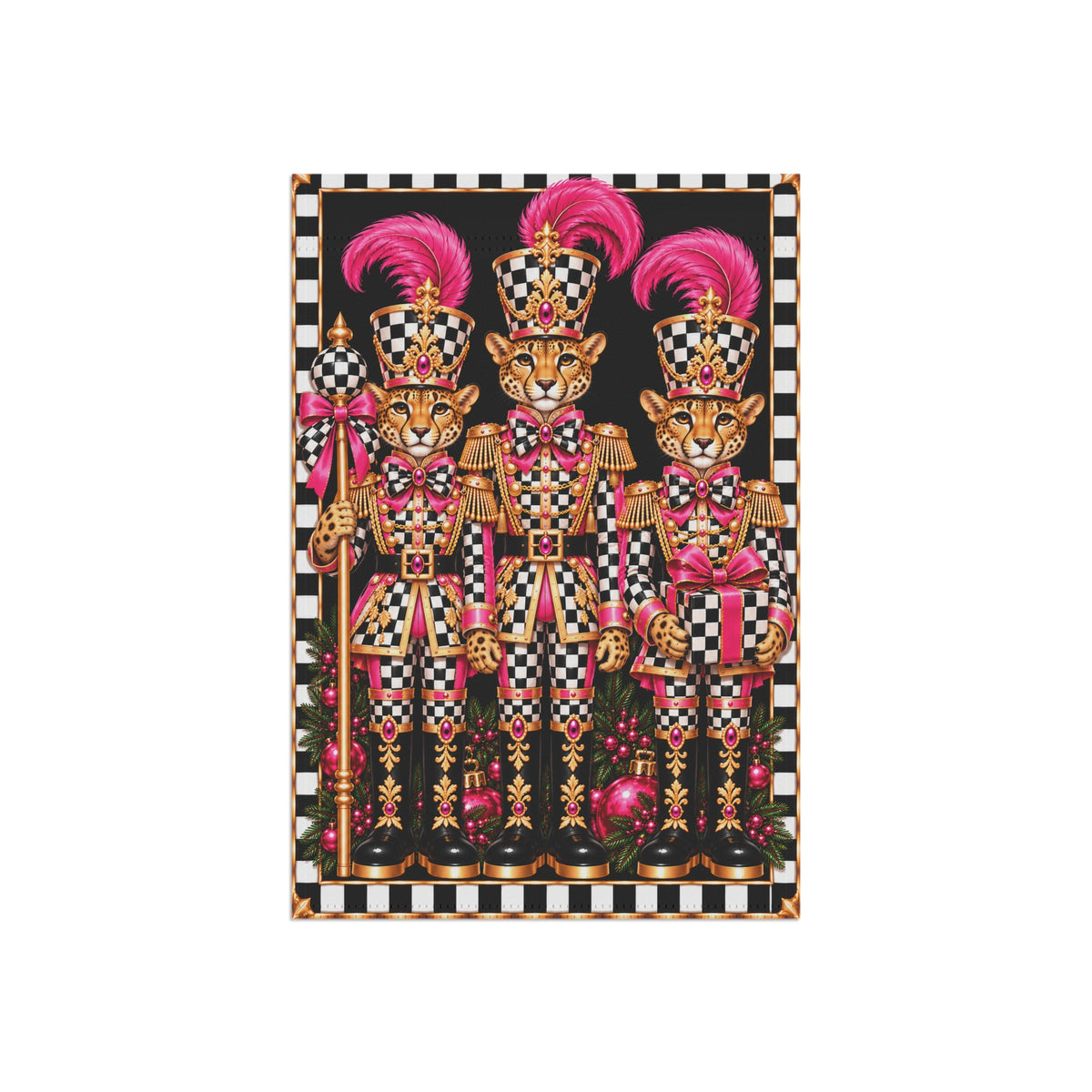 Garden Flag - pink black and white check cheetah nutcrackers
