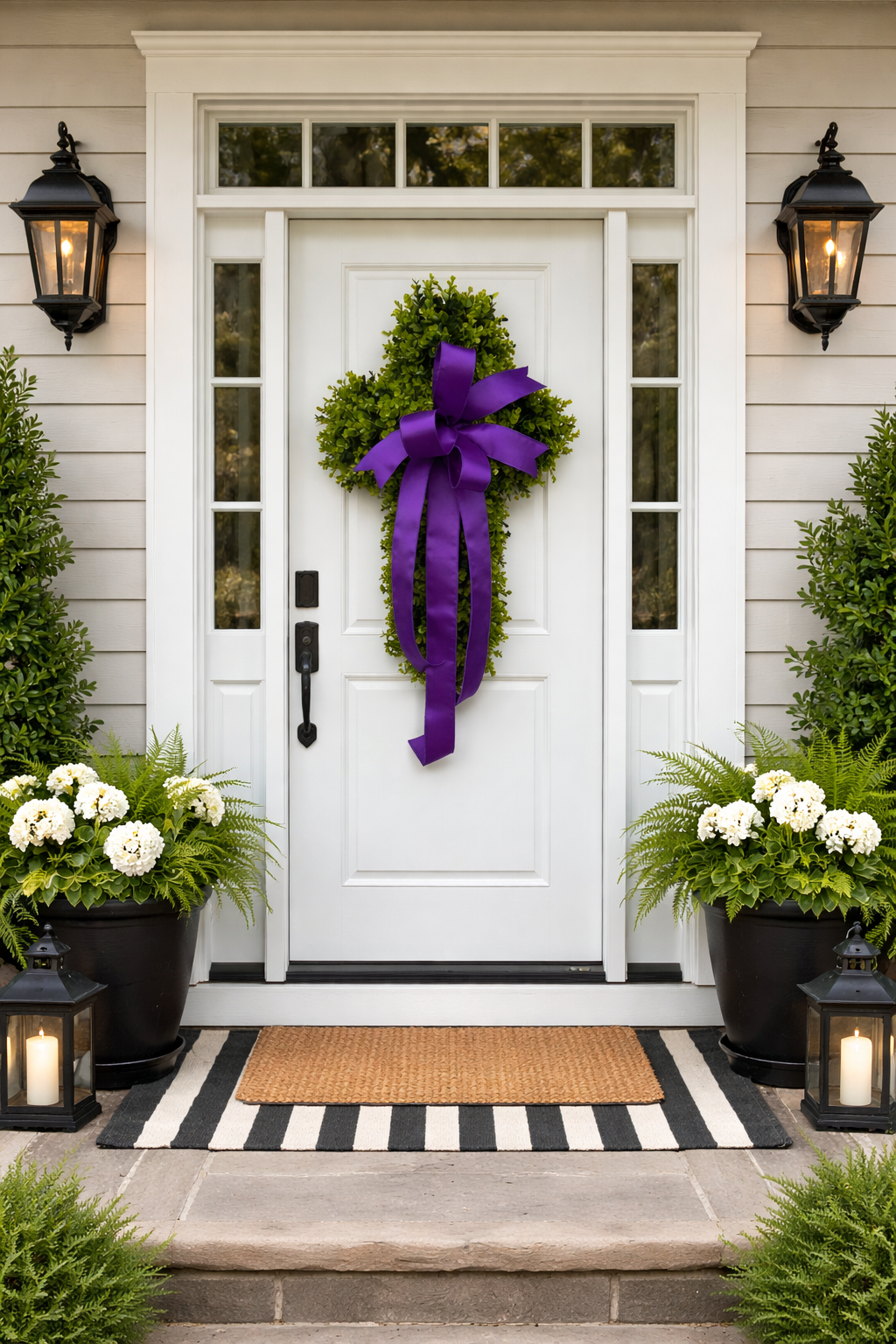 Boxwood Cross with Purple Bow