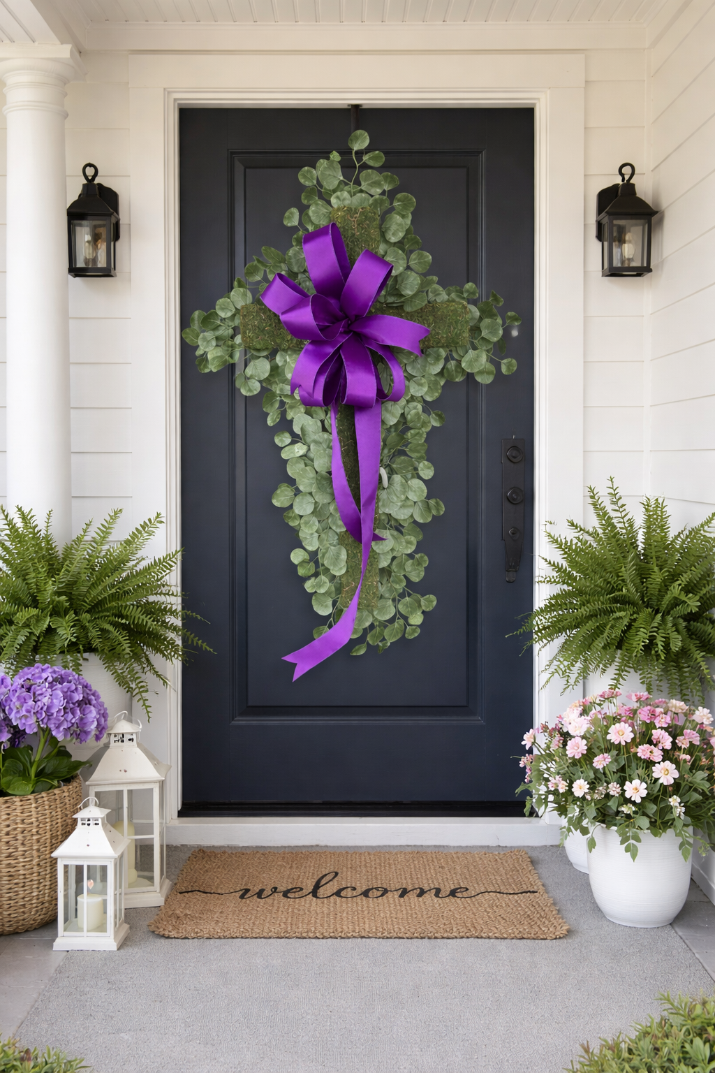 Silver Dollar Cross with Purple Bow