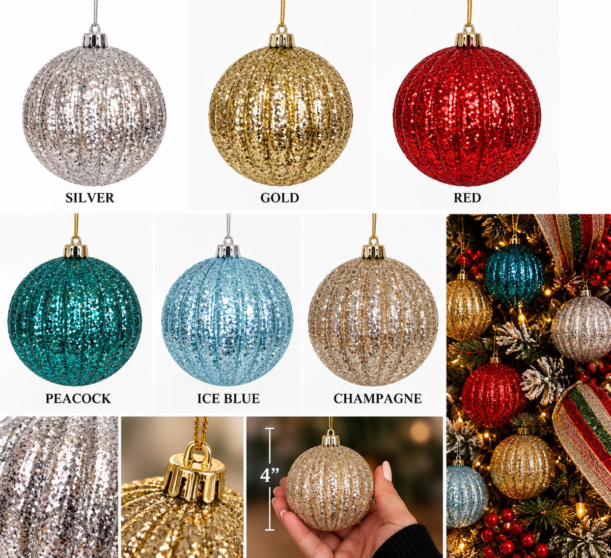 100mm Glitter Ribbed Ball Ornament 4"