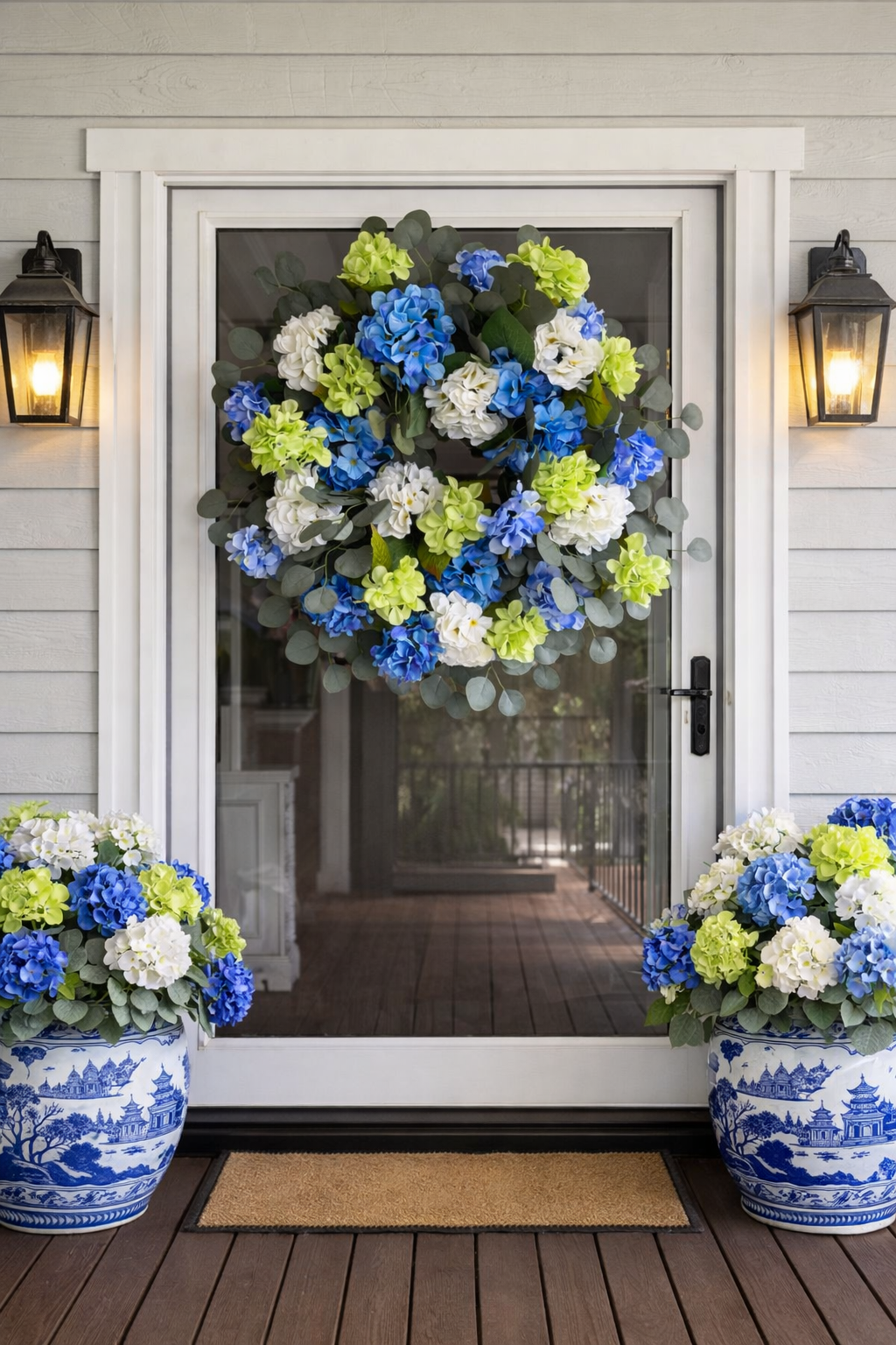 Hydrangea Wreath - Blue, White, Green