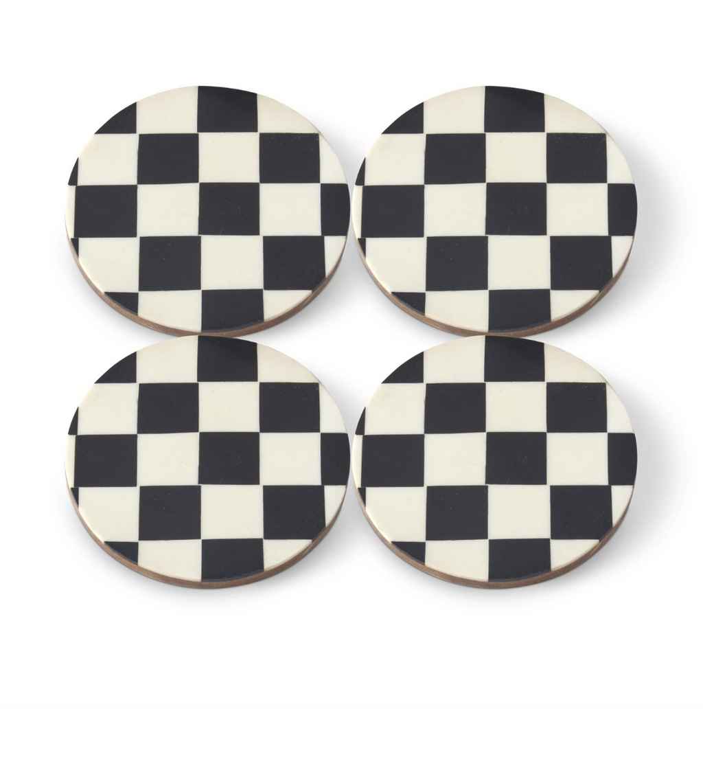 Set of 4 Black & White Check Enameled Wood Coasters
