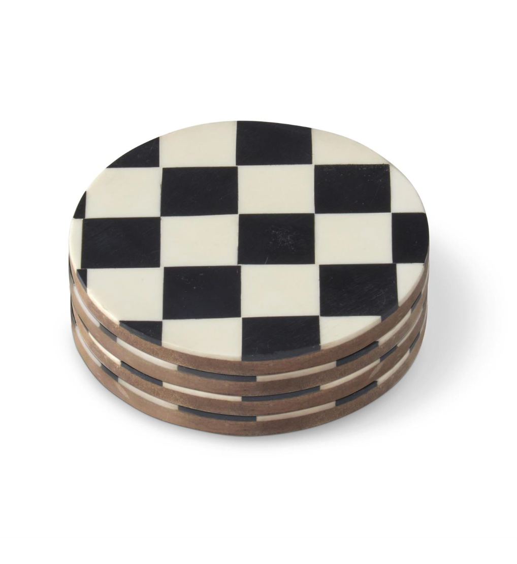 Set of 4 Black & White Check Enameled Wood Coasters