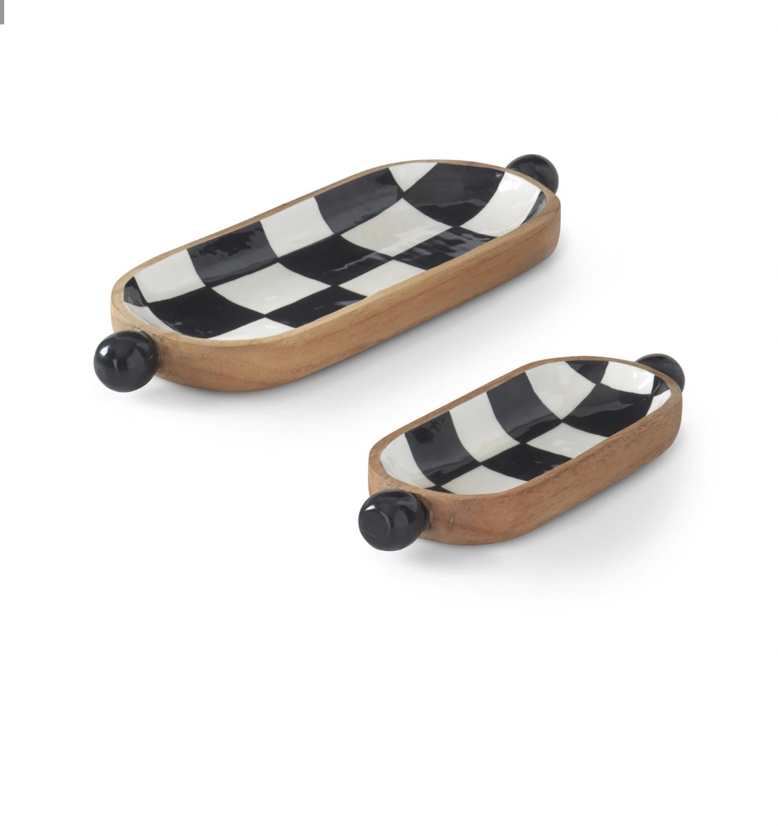 Set of 2 Black & White Check Enameled Oval Wood Trays with Knobs