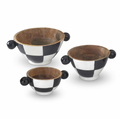 Set of 3 Black & White Check Enameled Wood Bowls with Knobs