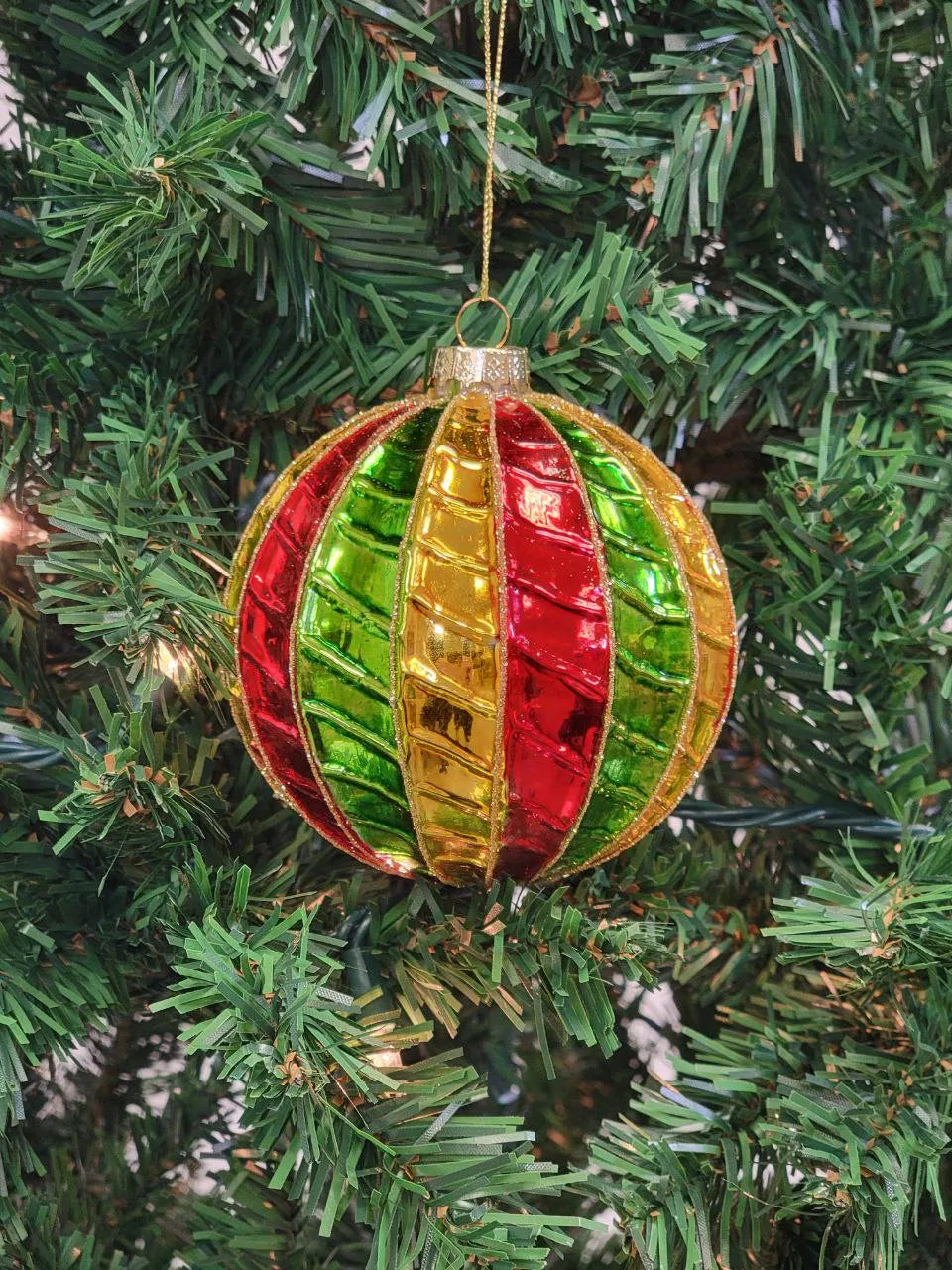 Red and Green Striped Ball Glass Christmas Ornament F07M7-35-LH76-23094-2