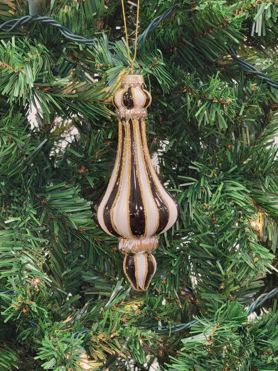 Gold and White Striped Finial Glass Christmas Ornament F07M7-6-LH76-23037-2