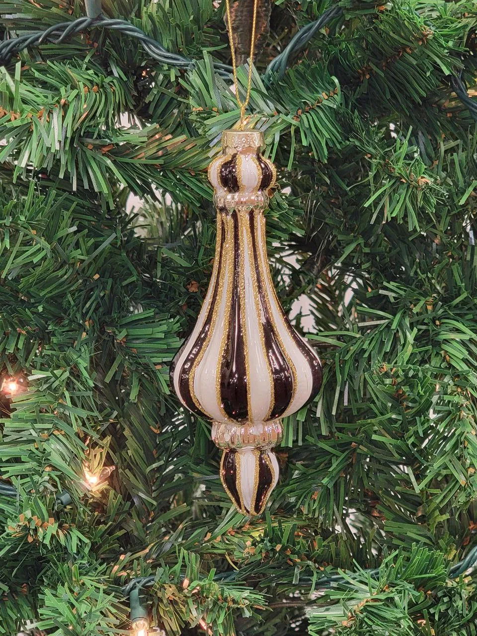 Gold and White Striped Finial Glass Christmas Ornament F07M7-6-LH76-23037-0
