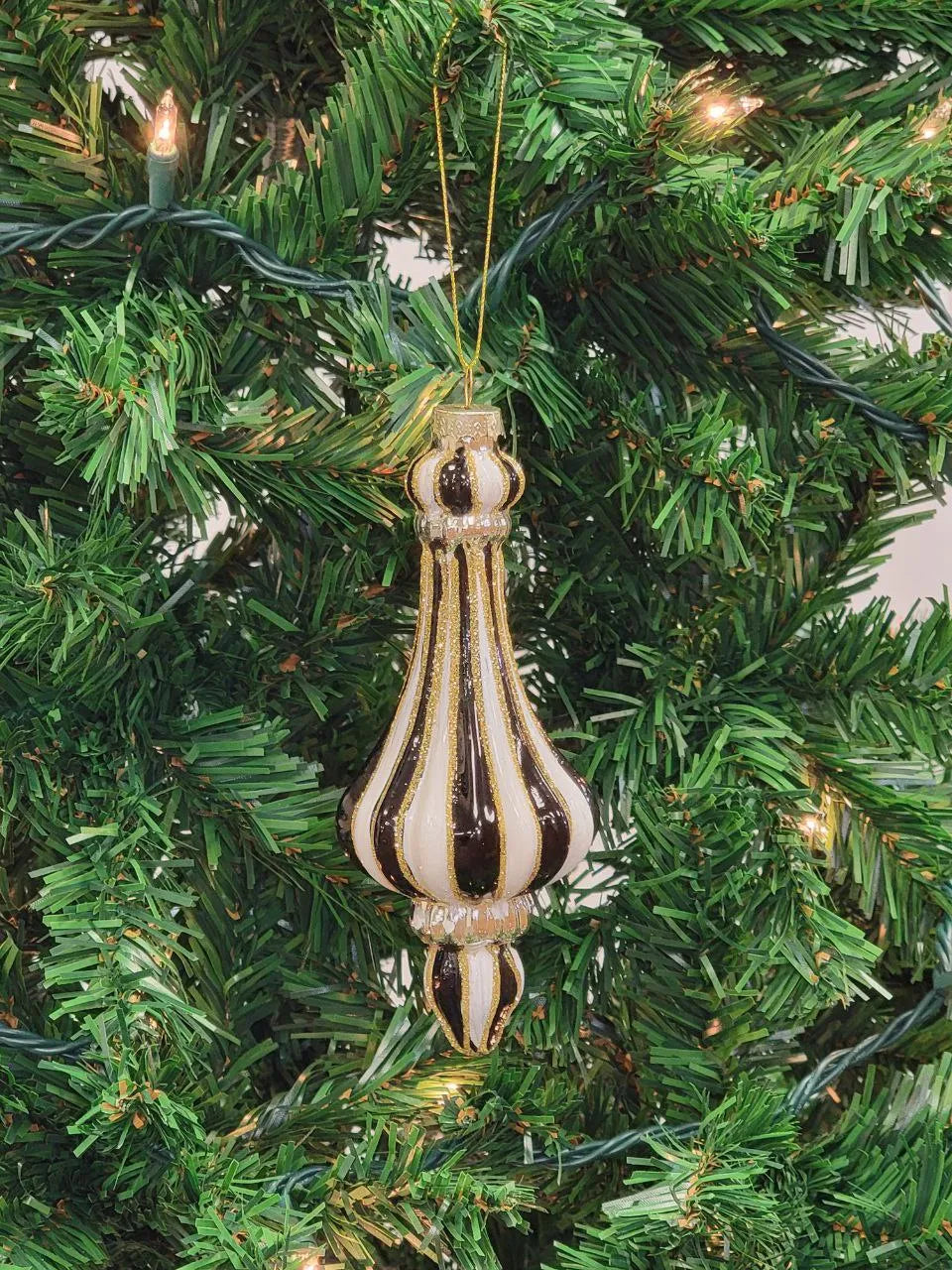 Gold and White Striped Finial Glass Christmas Ornament F07M7-6-LH76-23037-1